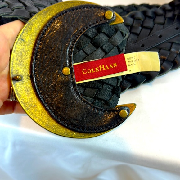 Cole Haan Size Medium Black braided wide belt with brass Crescent buckle. - Picture 8 of 8
